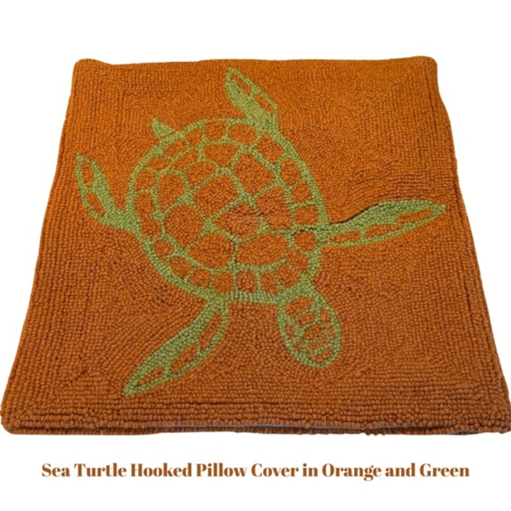 Sea Turtle Hooked Pillow Cover in Orange and Green